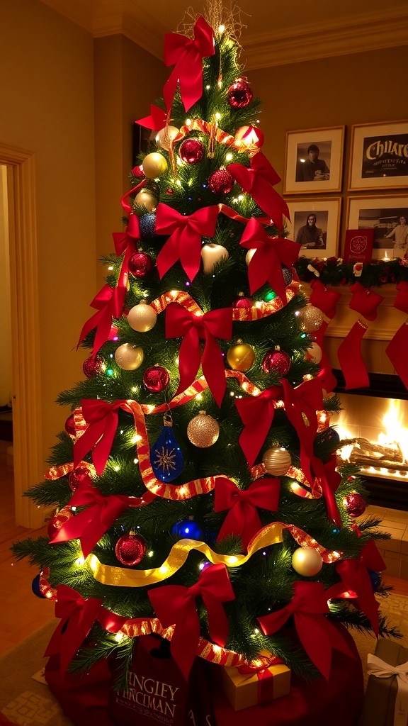 Christmas Tree Decoration with Red Bows A Christmas tree decorated with red bows and lights in a cozy living room.